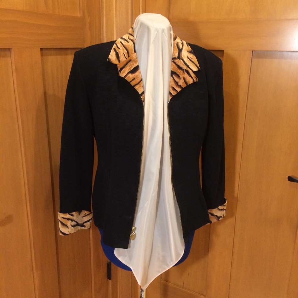 Really cute VTG Black Jacket w Tiger Cuffs/Collar
